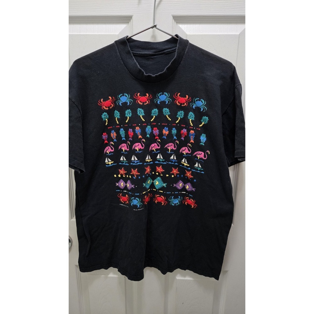 Vintage 90s‎ Beach Puff Print T-Shirt Unisex L Black Coastal Crabs Fish Flamingo